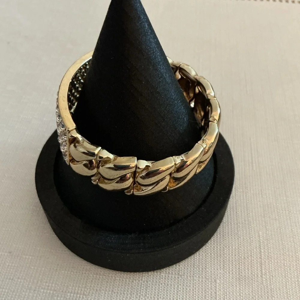 Clear Rhinestone Vintage Gold Tone Stretch Bracelet